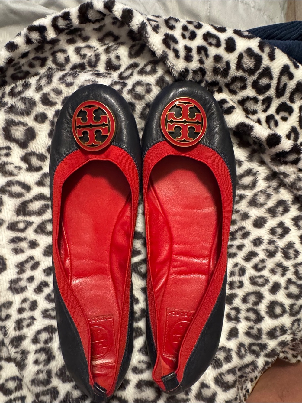 Tory Burch Black Leather Ballet Flats with Red Trim and Logo